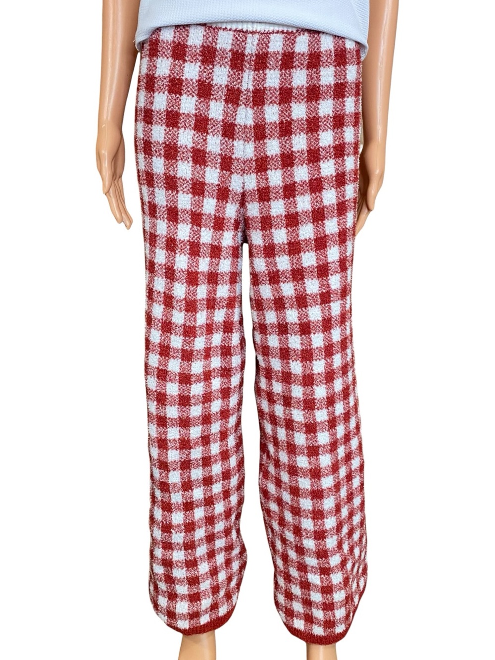 Happily Grey Gingham Fleece Pants Red White Wide Leg Elastic Waist SZ Medium